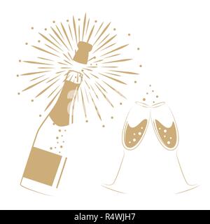 Ha aperto una bottiglia di champagne e bicchieri di festa e di celebrazione illustrazione vettoriale EPS10 Illustrazione Vettoriale