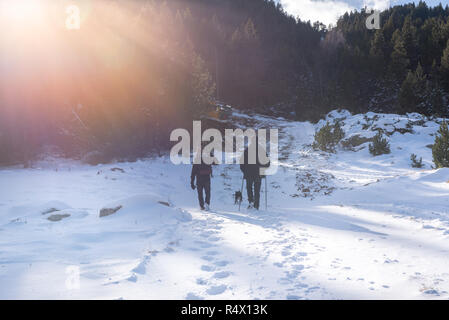 Canillo, Andorra: Novembre 27, 2018: due giovani con cahorro camminando lungo un bellissimo percorso nel primo autunno neve in Bordes de Envalira, Cani Foto Stock