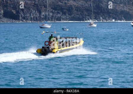 Impostazione in barca sul whale watching spedizione da Puerto de Tazacorte, La Palma Isole Canarie Foto Stock