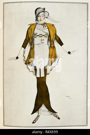 Una donna che indossa un bianco e marrone di vestito e un cappello. Moda francese. (Philomele. Robe de Bakst realizee par Paquin. Couture.) illustrato da Leon Bakst. Museo: British Library. Foto Stock