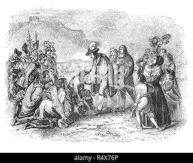 Charles II arrivando a Dover il 25 maggio 1660 dopo l'impostazione fuori da Scheveningen. Egli ha raggiunto a Londra il 29 maggio, il suo trentesimo compleanno. Sebbene Charles e il Parlamento ha concesso l'amnistia a quasi tutti di Cromwell's sostenitori nell'atto di indennizzo e di oblio, 50 persone erano espressamente esclusi. In fine nove regicides erano stati eseguiti: essi erano stati impiccati, disegnato e squartato; altri hanno dato la vita di reclusione o semplicemente esclusi dall ufficio per la vita. I corpi di Oliver Cromwell, Henry Ireton e John Bradshaw sono state sottoposte alla umiliazione di decapitazioni postuma. Foto Stock