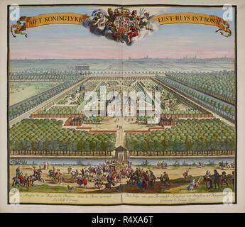 Il piacere reale casa in legno. Una collezione di 33 piani e viste di Rotterdam. Amsterdam, 1718. Il piacere reale casa in legno (1717). Questa stampa mostra la Huis ten Bosch nel 1717. Il re di braccia sormontare questa visione d'insieme con le torri e i campanili e mulini a vento di l'Aia visibile all'orizzonte. Immagine presa da: una collezione di 33 piani e viste di Rotterdam. Pubblicato in Amsterdam, 1718 . Fonte: maps.C.9.e.8.(15). Lingua: Olandese. Foto Stock