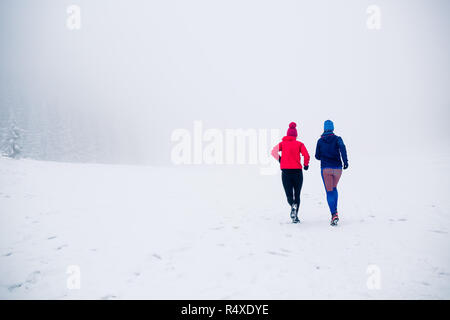 Le ragazze in esecuzione insieme sulla neve in inverno le montagne. Sport e fitness ispirazione e motivazione. Due donne partner trail running in montagna, d inverno Foto Stock