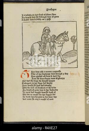 Illustrazione di racconti di Canterbury. Canterbury Tales. Westminster. Iniziare a. [Fol. 2 recto:] gRete thankes lawde e onore, dovrebbe essere gyuen vnto la clerkes, ecc. [Fol. 3 recto:] wHan che Apryll wyth hys shouris sote la droughte delle marche ha percyd rote, ecc. [Fol. 311 tergo:] [Explicit Tractatus Galfridi Chaucer de Penitencia vt dicitur pro fabula Rectoris, praye ora ho a hem alle che herken thys lityl tretise, ecc.]. [Fol. 312 recto:] [Per omnia secula seculorum Amen,] [Con xilografie. Modificato con un â€oeprohemye,â€ da W. Caxton.] B.L. 1485. Fonte: G.11586 a5v. Lingua: Engli Foto Stock