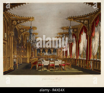 Sala da pranzo gotica Carlton house, Illustrazione a colori / piastra. Autore William Henry Pyne,. Museo: British Library. Foto Stock