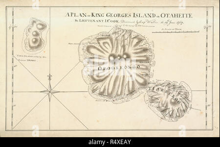 Un piano di Re Georges isola su Otaheite. Un'isola Captain Cook visitato sul suo primo viaggio, pubblicata tra il 1768-1771. Museo: British Library. Foto Stock