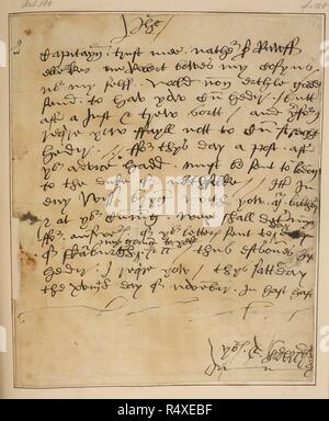 Lettera dal Signore Darcy a Robert Aske. Thomas Darcy, Baron Darcy e Robert Aske erano due degli autori del " pellegrinaggio di grazia", un famoso aumento nello Yorkshire nel 1536, in segno di protesta contro Henry VIII la rottura con la Chiesa cattolica romana, la dissoluzione dei monasteri e le politiche del re Chief Minister, Thomas Cromwell, così come altre specifiche politiche sociali ed economiche rimostranze. . Lettera dal Signore Darcy a Robert Aske. Il XVI secolo. Lettera dal Signore Darcy a Robert Aske. . Fonte: Cotone Vespasiano F. III, f.233. Foto Stock