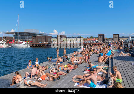 La gente a prendere il sole a Kvaesthusgraven, quartiere di Nyhavn, Copenhagen, Danimarca Foto Stock