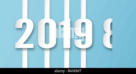 Felice Anno Nuovo 2019 decorazione su sfondo blu. Illustrazione Vettoriale con la calligrafia progettazione di numero in carta tagliata e artigianato digitale. Il concetto s Illustrazione Vettoriale