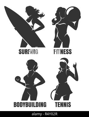 Serie di dettagliate sport silhouette di donna. Fitness, tennis, bodybuilding e Surf donna isolato su bianco. Vector illustartion. Illustrazione Vettoriale