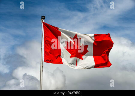 Canadian bandiera nazionale, 'maple Leaf", isolata contro un cielo blu con nuvole bianche Foto Stock