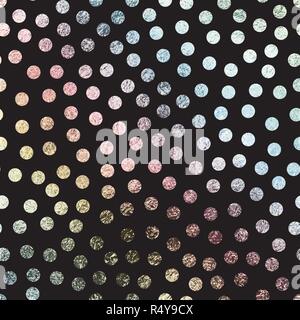 Seamless ripetere il vettore glitter cerchi di lamina su sfondo nero. Rainbow polka dots pattern Illustrazione Vettoriale