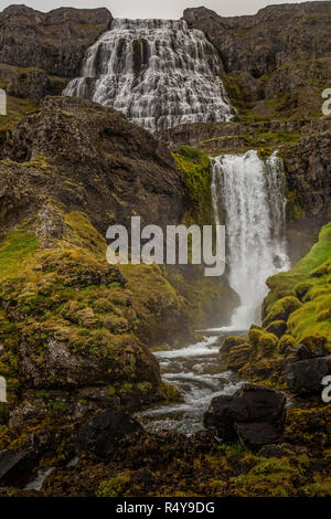 La cascata di Dynjandi o Fjallfoss, nei Fiordi occidentali dell'Islanda. Foto Stock