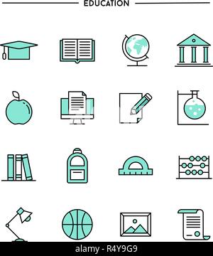 Set di design piatto e sottile linea icone di istruzione Illustrazione Vettoriale