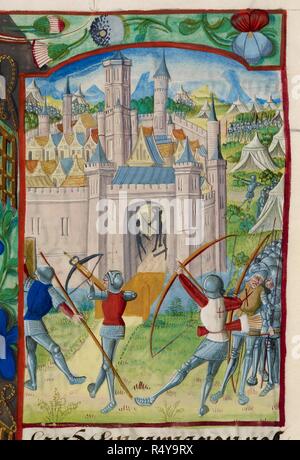 Assedio di Damasco. Soldati mediante longbows e balestre. Chroniques de France ou de Saint Denis. Francia (Parigi?); 1487. Fonte: Royal 20 E. III, f.79. Lingua: Francese. Foto Stock