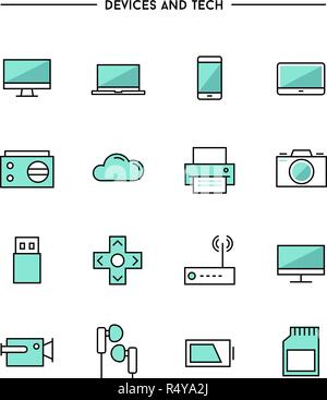 Set di linea sottile dispositivi piatti e tech icone Illustrazione Vettoriale