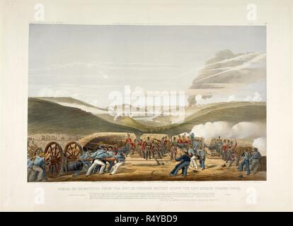 Assedio di Sebastopoli dal nuovo 32 pounder batteria sopra l'attacco sinistro picquet house. Una serie di 23 litografiche colorate viste, che rappresentano i principali eventi durante la guerra russa, da W Simpson e altri da schizzi di E T Dolby e altri artisti. Londra, 1854, 55. Guerra di Crimea. Fonte: 1899.b.3 piastra 19. Autore: Simpson, William. WALKER E. Foto Stock