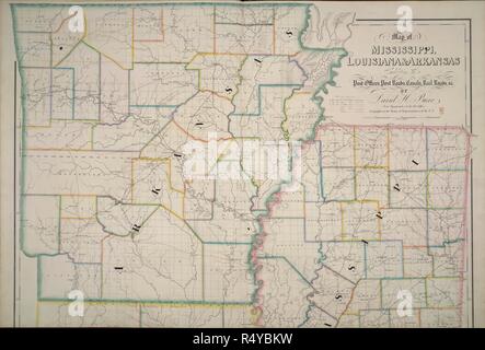 La Mississippi, Louisiana e Arkansas. La American Atlas; mostrante gli uffici postali, P. [Washington, D.C.] : D.H. Burr, Luglio 10th, 1839. Mappa del Mississippi, Louisiana e Arkansas. Immagine presa dalla American Atlas; mostrante gli uffici postali, Post strade, ferrovie strade, canali, e il fisico e le divisioni politiche degli Stati Uniti di America del Nord; costruito dal Governo Sondaggi & altro materiale ufficiale. Dalla D.H. Burr. John Arrowsmith [Canc]. Originariamente pubblicato/prodotto in [Washington, D.C.] : D.H. Burr, Luglio 10th, 1839. . Fonte: maps.145.e.8, no.17. Lingua: Inglese. Foto Stock