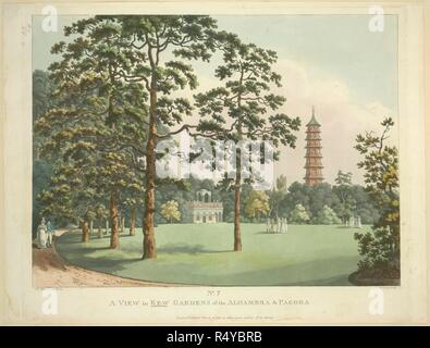 Una vista in Kew Gardens di La Alhambra e la Pagoda, da Mannskirsch; incisi da Schutz. Una vista in Kew Gardens di La Alhambra e la Pagoda, da Mannskirsch; incisi da Schutz. 1798. Una vista in Kew Gardens di La Alhambra e Pagoda. Storici edifici orientali nei giardini botanici di Kew. 1798. Fonte: Mappe K.Top.40.46.x. Lingua: Inglese. Foto Stock