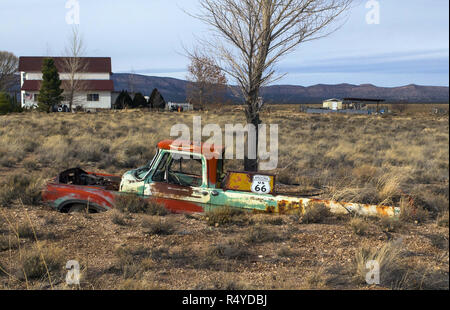 Truxton, Arizona, Stati Uniti. 3 gennaio, 2017. Una regione sepolta di carrello ora ha un albero che va dal suo letto lungo la Route 66 al di fuori di Truxton, Arizona. Credito: L.E. Baskow/ZUMA filo/Alamy Live News Foto Stock