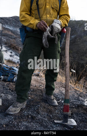 Thousand Oaks, California, Stati Uniti d'America. Xii Nov, 2018. Un membro di The Scorpions prepara se stesso per cancellare spazzola da mettere sulla sua guanti. Il team elimina le pause nella spazzola in sforzi per impedire Woolsey propagazione del fuoco. Woolsey incendio ha bruciato 96,949 acri di terreno e rivendicato circa 435 strutture nel suo cammino, lasciando tre morti accertati. Credito: Megan Jelinger SOPA/images/ZUMA filo/Alamy Live News Foto Stock