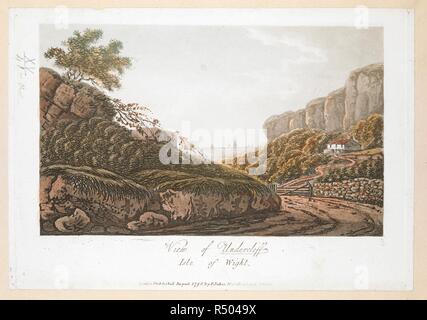 Una strada di campagna in primo piano; rocce sulla sinistra; un cottage sulla destra; navi sul mare in lontananza. Vista di Undercliff, Isola di Wight. Londra : pubblicato Agosto 1796 da F. Jukes Howland Street., [agosto 1796]. Fonte: Mappe K.Top.15.41.a. Lingua: Inglese. Foto Stock