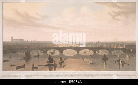 Una veduta a volo di uccello della Vauxhall Bridge da oltre il Tamigi, con Westminster oltre a sinistra e San Paolo di distanza sulla destra. Una vista del ponte ora edificio lungo il Tamigi a VAUXHALL : La metropoli avendo esteso verso l'alto lungo le rive del Tamigi, & sbarrato entro i suoi confini i villaggi di Lambeth & Vauxhall su un lato e Chelsea su altri, un magnifico ponte, allo scopo di connettere questi limiti occidentali del paese è ora costruendo delle quali questa piastra dà una visione corretta e anche della gamma prevista di edifici in Mill-banca... [Londra] : Disegnato & En Foto Stock