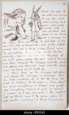 Alice e il coniglio bianco. Alice sotto terra [in Wonderland]. Inghilterra [Oxford]; 1862-1864. [Intero folio] Testo e disegno dal Capitolo I: Alice incontra il coniglio bianco, splendidamente vestita, tenendo una coppia di capretto bianco guanti in una mano e un nosegay nell'altra immagine presa da Alice sotto terra [in Wonderland]. Originariamente pubblicato/prodotto in Inghilterra [Oxford]; 1862-1864. . Fonte: Aggiungi. 46700, f.8. Lingua: Inglese. Autore: DODGSON CHARLES LUTWIDGE. Dodgson Charles Lutwidge, pseud. Lewis Carroll. Foto Stock