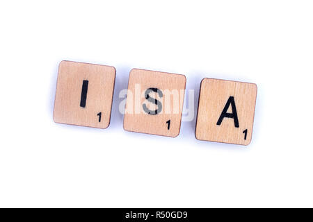 LONDON, Regno Unito - 8 Luglio 2018: l'abbreviazione di ISA - Singolo Conto di risparmio, farro con lettera in legno piastrelle Scrabble il 8 luglio 2018. Foto Stock