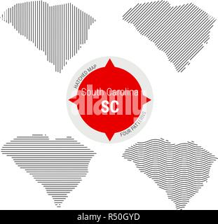 Configurazione tratteggiata mappa vettoriale della Carolina del Sud. Stilizzata semplice silhouette della Carolina del Sud. Quattro modelli diversi Illustrazione Vettoriale