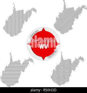 Configurazione tratteggiata mappa vettoriale della West Virginia. Stilizzata semplice Silhouette di West Virginia. Quattro modelli diversi Illustrazione Vettoriale