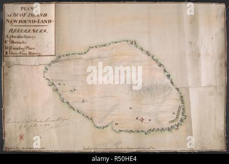 Piano di isola di Boa, nuovo trovato-terra. Riferimenti: A: Smith della batteria. B: Caserma C: luogo di sbarco D: Quattro gun batteria. . Mappe e piani, principalmente di fortificazioni o sondaggi per scopi miltary. Xvii secolo XVIII secolo. Cop'd Fran. (Francesco) Assiotti, Sett. 1762. Fonte: Aggiungi. 33231.II.15. Foto Stock