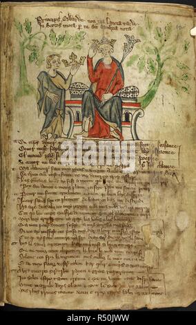 Edward II seduta su un trono, con scettro nella mano sinistra e toccando la sua corona con la sua mano destra. Una piccola figura (possibilmente una personificazione del Galles) gli offre un'altra corona (probabilmente la corona di Scozia). Si è pensato che la seconda figura è un allegoria per il Galles (che Edward II è stato il principe di) e incoraggiarlo ad attaccare la Scozia che Edward ha fatto seguito nel suo regno. Cronaca di Inghilterra. Inghilterra; circa 1307-1327. . Fonte: Royal 20 A. II f.10. Lingue: Latina. Autore: Langtoft, Pietro de. Foto Stock