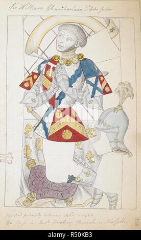 Sir William Chamberlain, KG, mostrato in ginocchio in atteggiamento di preghiera vestito nella piastra armature e surcoat araldico. Disegno di un donatore di immagine su una finestra di vetro colorato in oriente chiesa Harling, Norfolk. Una collezione di antichi costumi ... da sculture, monumenti ... Xv secolo. Fonte: Aggiungi. 6728 f.212. Foto Stock