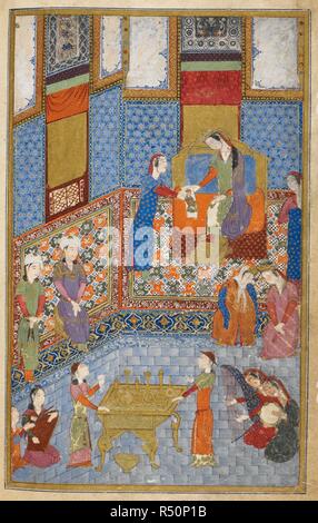 Nushabah riconosce Iskandar dal suo ritratto. Una pittura in miniatura che illustra un episodio da Nizami epico Iskandarnama, parte di un quindicesimo secolo manoscritto per Jalal al-Din Iskandar ibn 'Umar Shaykh. Miscellanea di Iskandar Sultan. Iran meridionale, 1410-1411. Fonte: Aggiungi. 27261, f.225v. V.o. persiano. Foto Stock