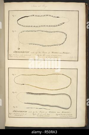 Ornamenti utilizzati dal popolo di Tierra del Fuego. Disegno in alto: due collane, entrambe fatte di pezzi di conchiglie. Disegno in basso: due collane; uno fatto di uccelli di ossa e le altre da piccole conchiglie lucidato. Un bracciale di semi e pezzi di conchiglie. Gennaio 1769. Una raccolta di disegni realizzati nei paesi visitati dal Capitano Cook nel suo primo viaggio. 1768-1771. 1769. Fonte: Aggiungi. 23920, f.20. Lingua: Inglese. Autore: Buchan, Alexander. Foto Stock