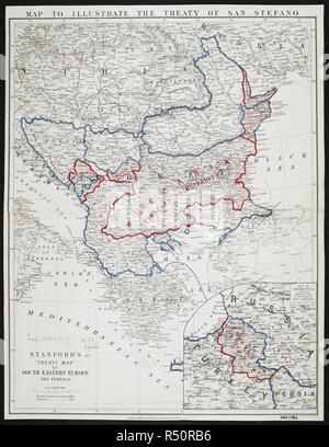 Una mappa per illustrare il Trattato di San Stefano- un 'trattato Map' dell'Europa sudorientale e l'Armenia. Mappa per illustrare il Trattato di San Stefano. Stanford 'trattato' Mappa dell'Europa sudorientale e l'Armenia. 1878. Fonte: Mappe 1063.(185). Lingua: Inglese. Foto Stock