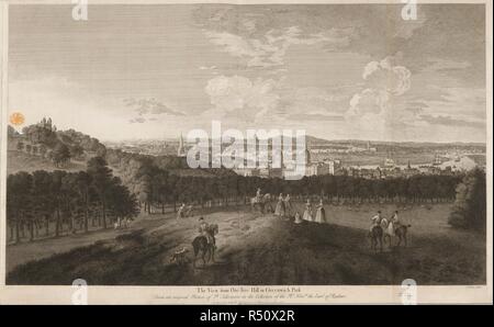 Una vista di Greenwich Park, il Royal Naval College e Londra. Da una collina dell'albero. . Vista per One-Tree Hill nel Greenwich Park, da I. legno. da un quadro di P. Tillemans. In Inghilterra. Visualizza per, One-Tree Hill nel Greenwich Park, da I. legno. da un quadro di P. Tillemans. 1774. Fonte: Mappe K.Top.17.13.d.2. Lingua: Inglese. Foto Stock