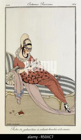 Robe de gabardine Ã volants brodÃ©s Ã la principale. Donna seduta su una chaise anela indossando un vestito di gabardine in rosa con ricamato a mano ruffles. Anche indossando un cappello di paglia con rosa rosa confine. Costumi Parisiens. Journal des dames et des modes. [Con le piastre colorate.]. Parigi, 1914. Tavole a colori / illustrazioni. Pochoir. Moda. Fonte: P.P.5242.dc, volume IV, la piastra 162, dopo la pagina 120. Lingua: Francese. Autore: WEGENER, GERDA. Foto Stock