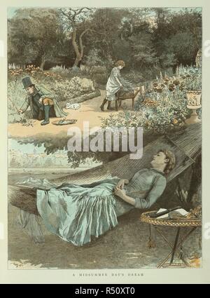 Una festa di mezza estate del giorno sogno. Una giovane donna che dorme in una amaca in giardino. Un giardiniere al lavoro. Una giovane ragazza con una carriola. Il grafico. Estate, 1886. Fonte: la grafica, pagina 24. Lingua: Inglese. Foto Stock