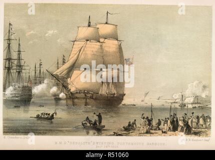 H.M.S risoluto Portsmoutn entrando in porto. Al 24 dicembre 1856. La movimentata viaggio di scoperta HM nave â€oeResoluteâ€ alle regioni artiche in cerca di Sir J Franklin a cui viene aggiunto un account del suo essere caduti in con da un americano Whaler dopo il suo abbandono e della sua presentazione alla Regina Vittoria da parte del governo degli Stati Uniti. Londra, 1857. Fonte: 10460.e.19 pagina 465. Autore: MacDougall, George Frederick. Hanhart, Michael. Hanhart, Nicholas. Foto Stock