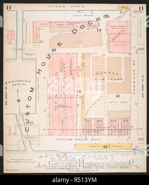 La sezione di una polizza di assicurazione della città di Dublino, che mostra la zona di Custom House Docks. Piano di assicurazione della città di Dublino ... [Da] C.E. Pungolo ... Scala, 40 ft. = 1 inch ... Key-Plan, 600 ft. = 1 inch. Vol. 1. Londra : C.E. Pungolo, 1893. fol.; Scala, 40 ft. = 1 inch ... Key-Plan, 600 ft. = 1 inch. Fonte: maps.145.b.4.(2), il foglio 11. Foto Stock