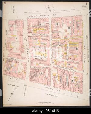 La sezione di una polizza di assicurazione della città di Dublino, che mostra la zona fra la Gran Bretagna street e Mary Street e Henry Street. Piano di assicurazione della città di Dublino ... [Da] C.E. Pungolo ... Scala, 40 ft. = 1 inch ... Key-Plan, 600 ft. = 1 inch. Vol. 1. Londra : C.E. Pungolo, 1893. fol.; Scala, 40 ft. = 1 inch ... Key-Plan, 600 ft. = 1 inch. Fonte: maps.145.b.4.(2) foglio 3. Foto Stock