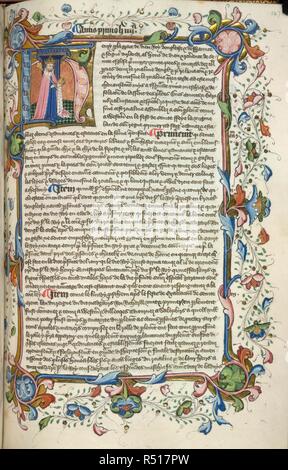 Historiated iniziale 'H'(enry) di Enrico IV, con una piena foliate frontiera, all inizio del suo statuto. Nova Statuta , da Edward III a Enrico VI, terminante nell'anno 1451. Inghilterra, S. E. (Londra); tra il 1451 e c. 1480. Fonte: Yates Thompson 48, f.147. Lingua: Francese. Foto Stock