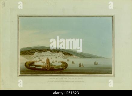 Una panoramica di Messina dal mare, con il molo, faro e le navi a vela in primo piano, al porto e al di là della città e delle colline in background. Vista di Messina, il Campidoglio di Sicilia : da un quadro dipinto sul posto per CAPT. STURT, R.N. Londra : Pub.d & venduto Jan.y 1. 1812 da Edw.d orme, Printseller a Sua Maestà; incisore & Editore, Bond St.t angolo di Brook Street, [1 gennaio 1812]. Fonte: Mappe K.Top.84.29.d. Lingua: Inglese. Foto Stock