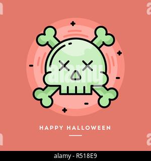 Cranio con ossa incrociate icona, design piatto sottile linea Halloween banner Illustrazione Vettoriale