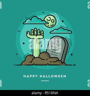 Zombie mano nel cimitero, design piatto sottile linea Halloween banner Illustrazione Vettoriale