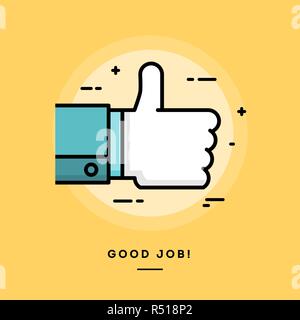 Thumbs up, design piatto sottile linea banner Illustrazione Vettoriale