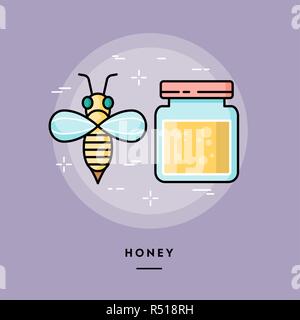 Carino bee e di un vasetto di miele, linea design piatto banner Illustrazione Vettoriale