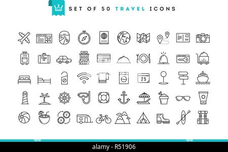 Set di 50 icone di viaggio, sottile stile linea Illustrazione Vettoriale